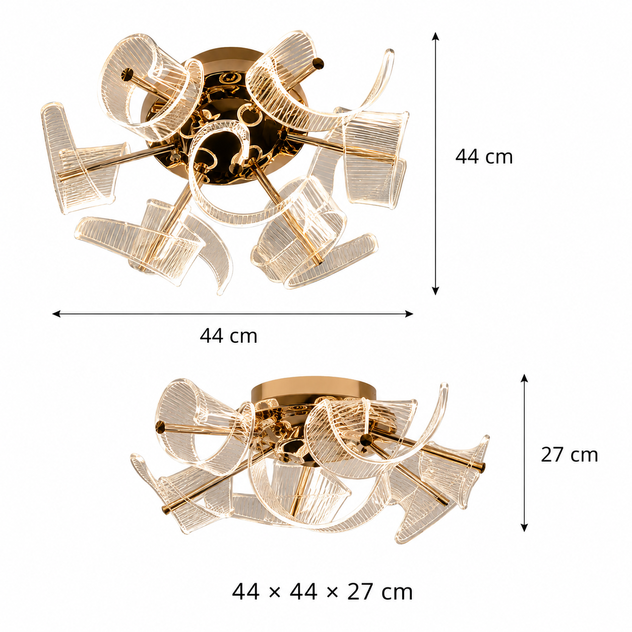 Gold acrylic LED ceiling light dimensions 44 x 44 x 27 cm
