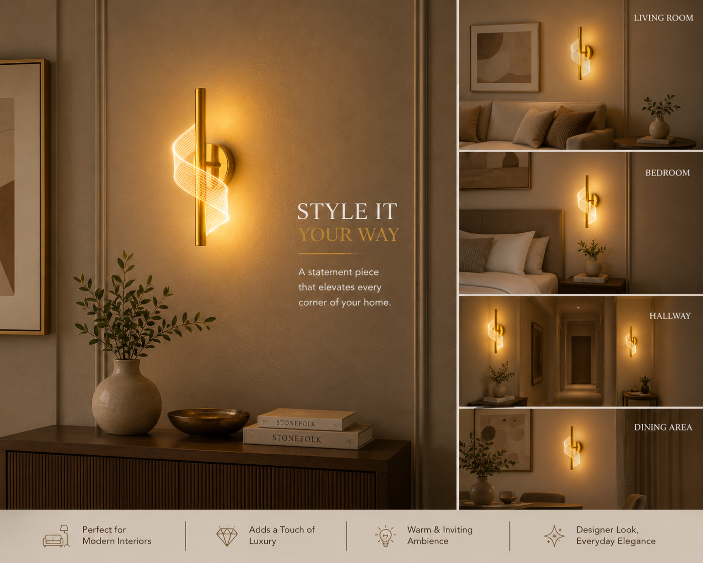 Gold decorative wall light with warm ambient glow