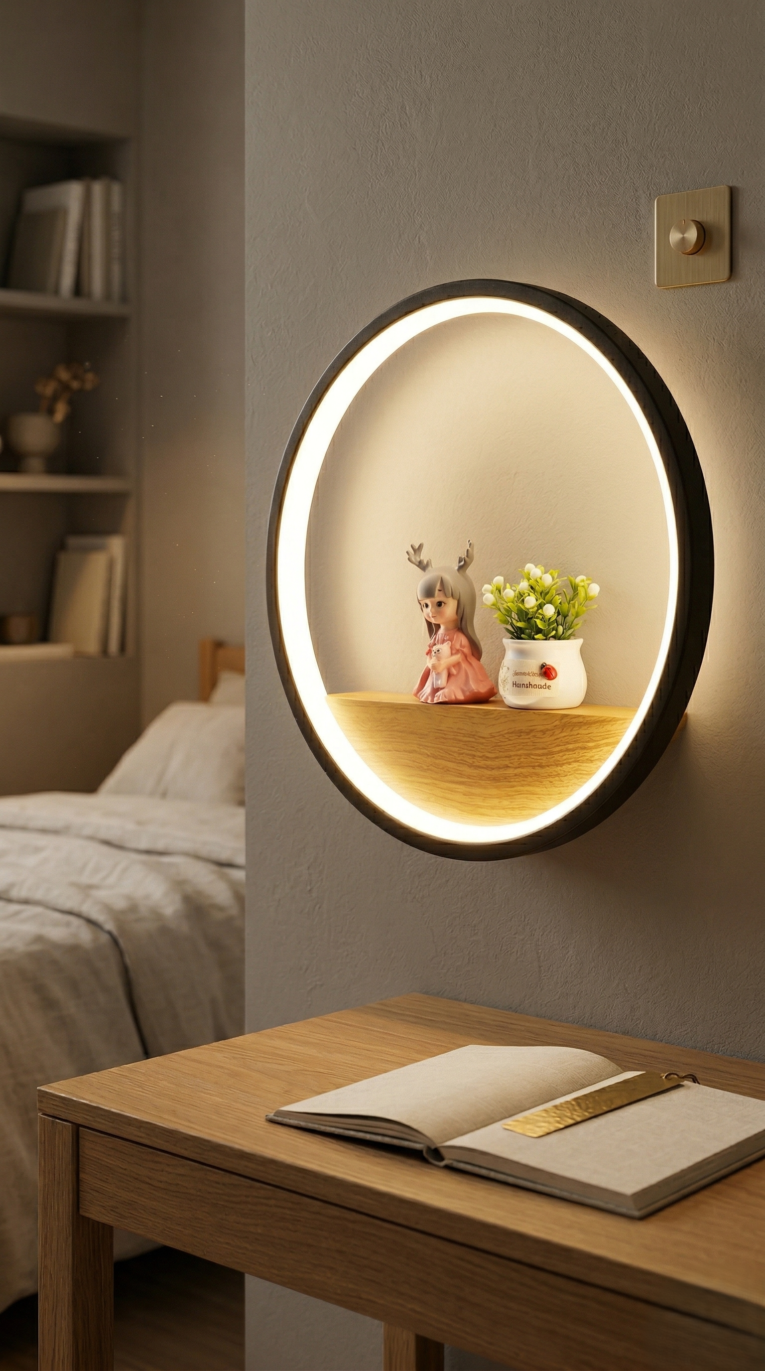 Ambient LED wall shelf light with wooden display shelf