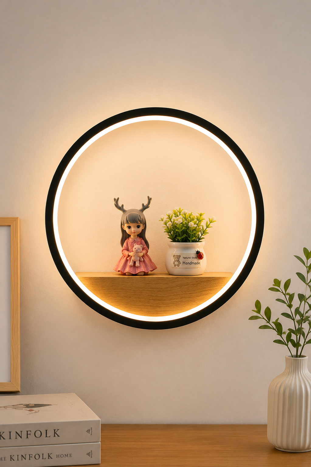 Halo LED display shelf wall light with decorative shelf
