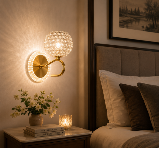 Crystal globe wall light with illuminated halo backplate