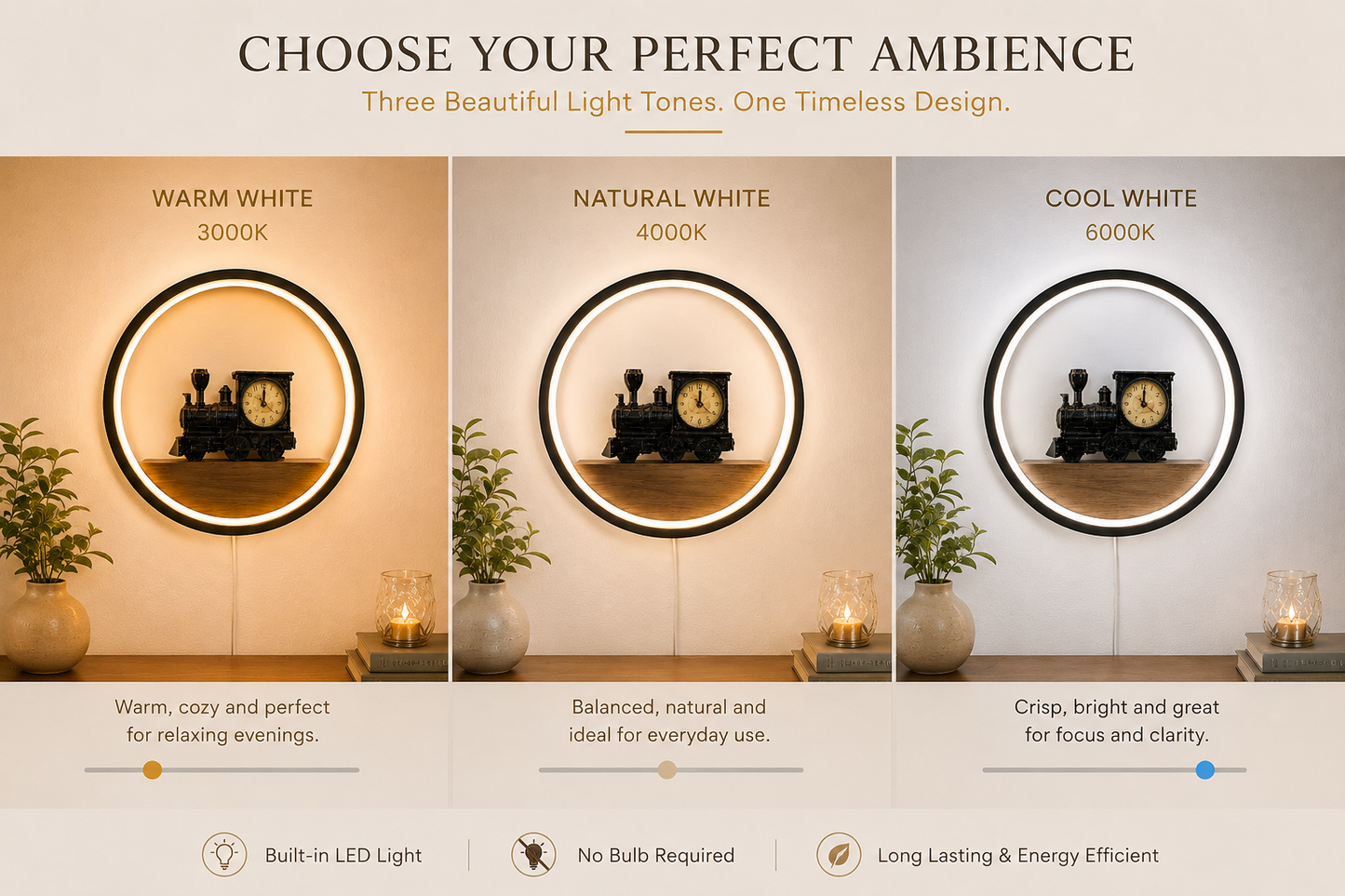 Three light-toned options with train clock display, labeled 'Warm White', 'Natural White', and 'Cool White'.