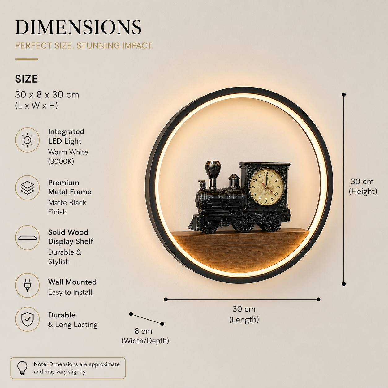 Wall-mounted clock with dimensions and features on a light background