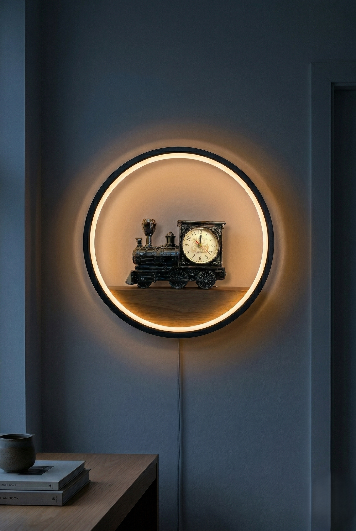 Circular wall clock with neon lighting on a dark wall