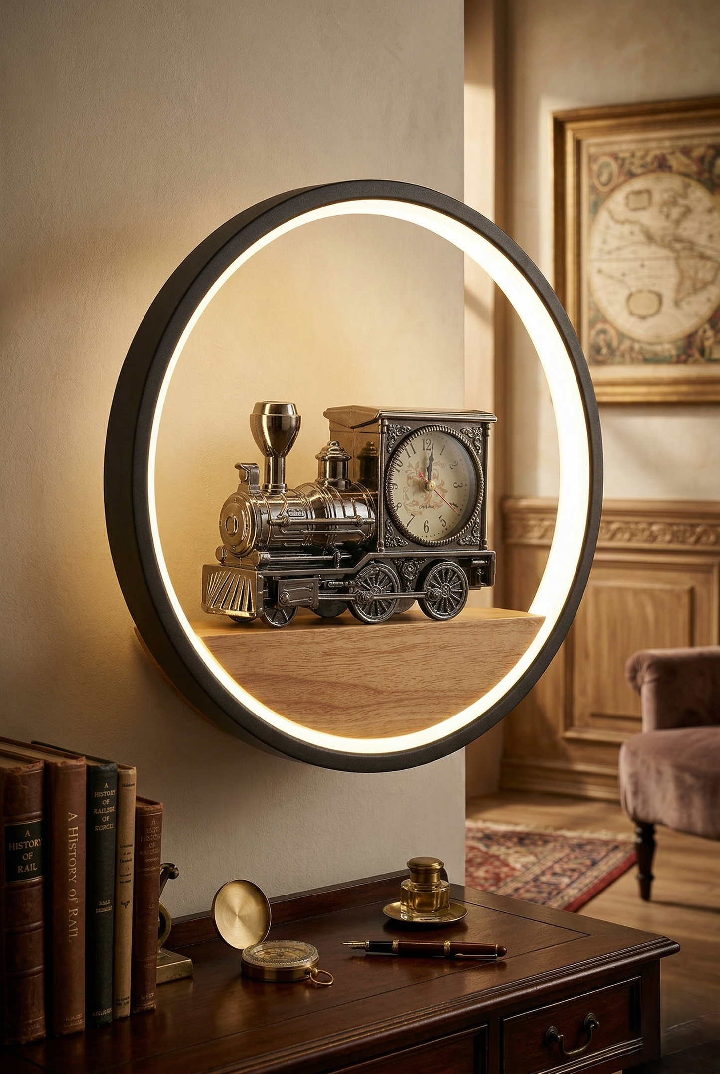 Decorative wall light with a train model inside, illuminated in a room setting.